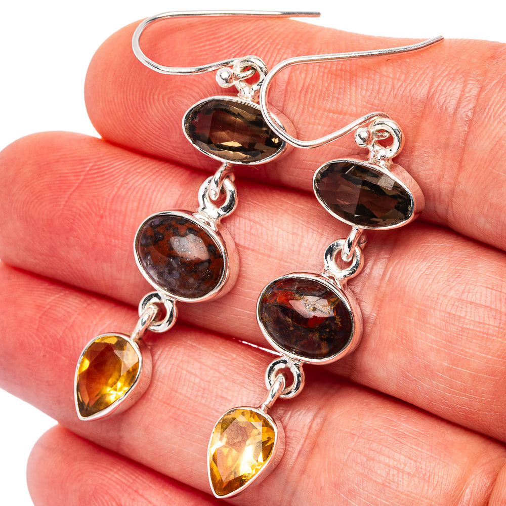 Premium Moroccan Agate, Smoky Quartz, Citrine Earrings 2" (.925 Sterling Silver)