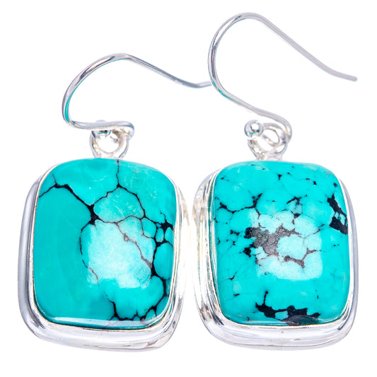 Turquoise cabochon dangle earrings in .925 sterling silver, square bezel stones with black veins