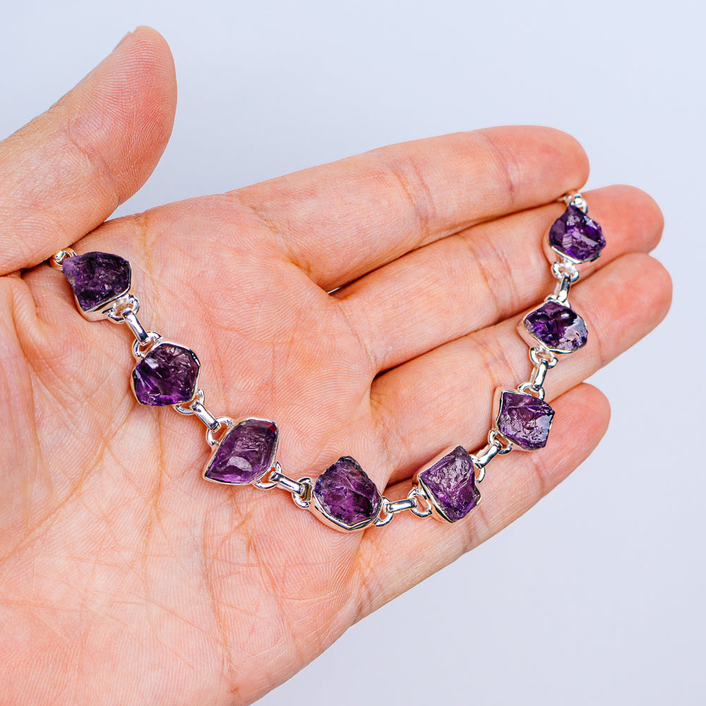 Raw Amethyst Bracelet 7 to 8" (.925 Sterling Silver)