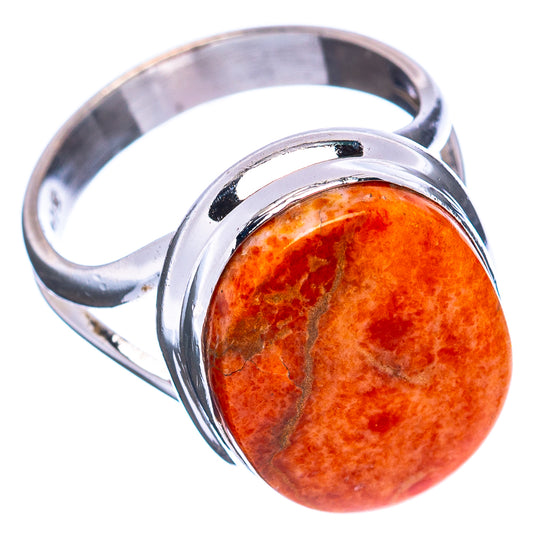 Sterling silver oval sponge coral ring, orange cabochon with open band, size 5