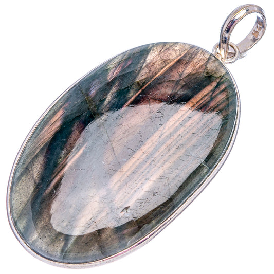 Silver-plated labradorite pendant with oval stone, iridescent gray-green surface
