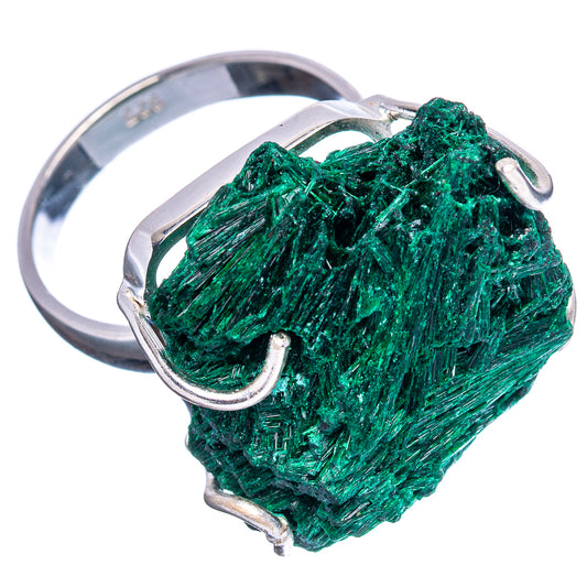 Raw malachite ring with textured green crystal chunk and .925 sterling silver bezel