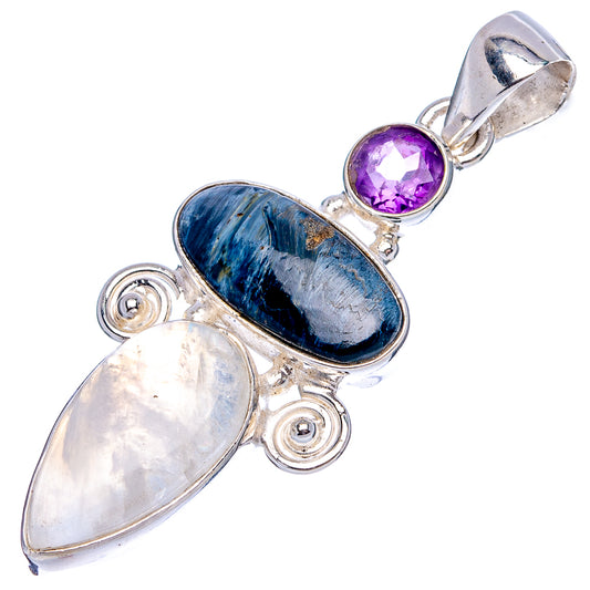 Oval sterling silver pendant with purple amethyst, blue pietersite, and pale moonstone