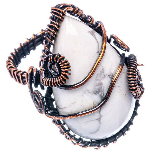 Teardrop howlite gemstone set in oxidized copper wire wrap ring with spiral details