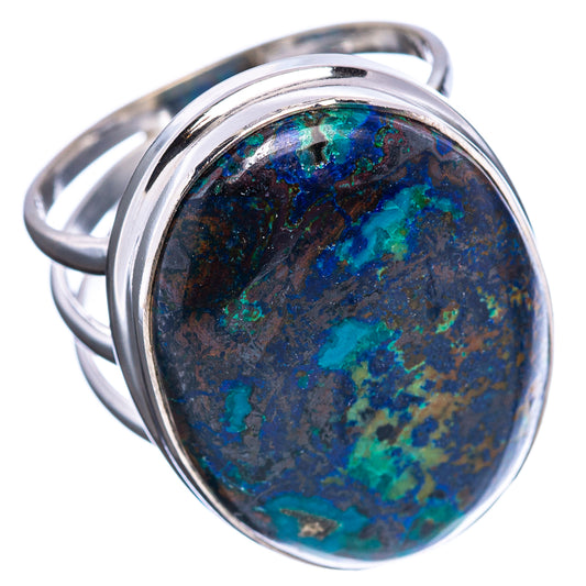 Sterling silver ring with oval azurite-malachite stone, blue-green speckled pattern