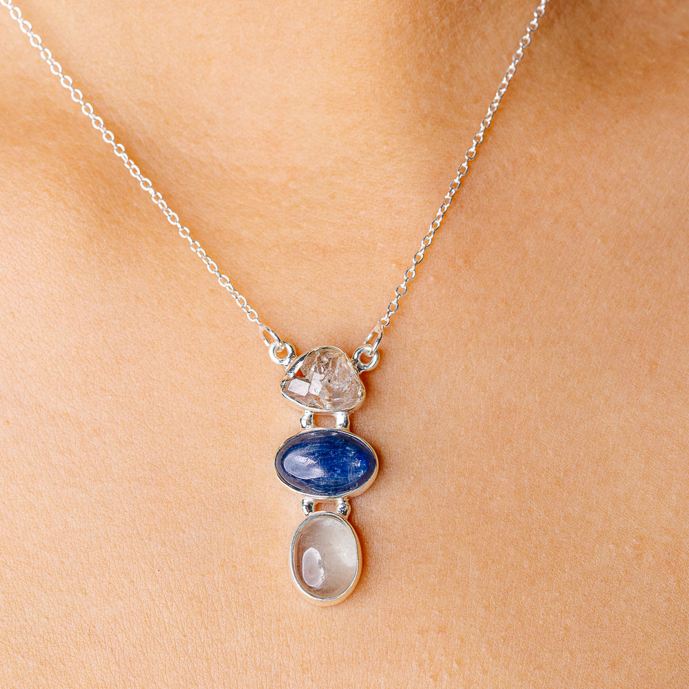 Kyanite, Rainbow Aquamarine, Herkimer Diamond Necklace 16.375" (925 Sterling Silver) N90260