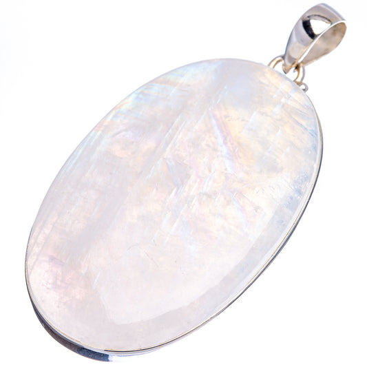 Oval rainbow moonstone pendant, smooth white with soft rainbow flashes, sterling silver frame