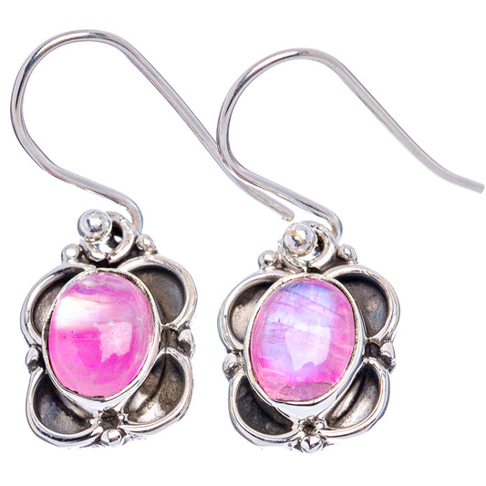 Oval pink moonstone drop earrings, .925 sterling silver with petal-like frame and tiny clear accents