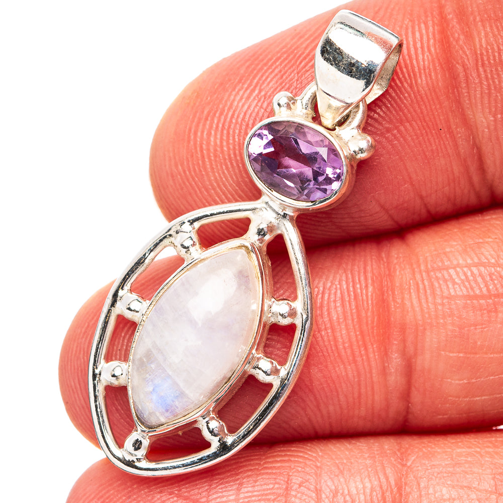Rainbow Moonstone, Amethyst Pendant 1 3/8" (.925 Sterling Silver)