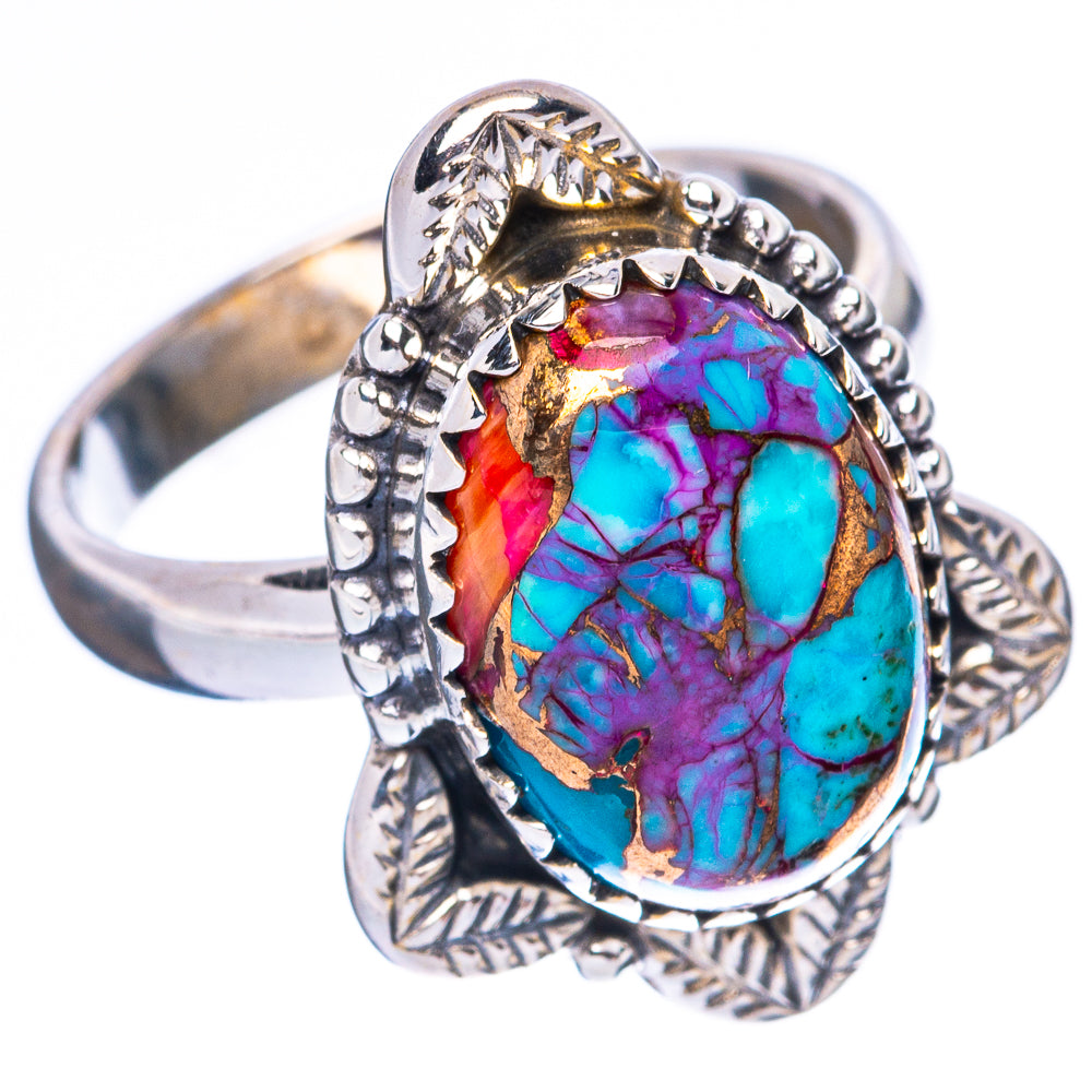 Silver turquoise oval ring with ornate bezel and split-leaf band, blue-purple stone
