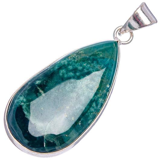 Ocean Jasper teardrop pendant, green marbled stone with silver-plated bail and frame