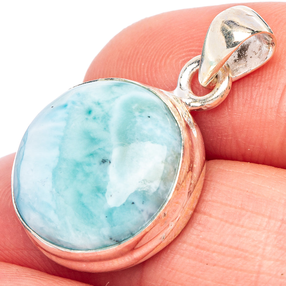 Round larimar pendant in 925 sterling silver bezel, light blue stone with white veining