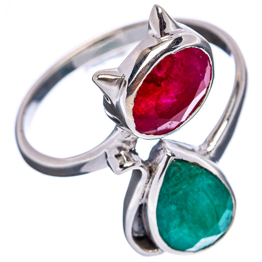 Sterling silver cat ring with oval red and green gemstones, open claw setting