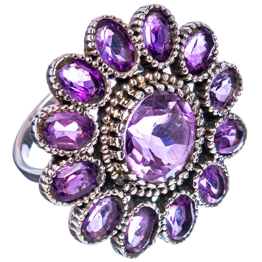 Amethyst flower ring, .925 sterling silver, oval purple stones cluster, size 7