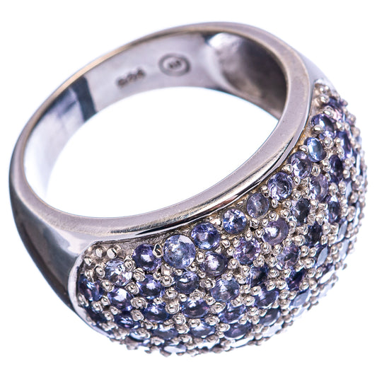 Sterling silver tanzanite ring showing blue stone set side profile