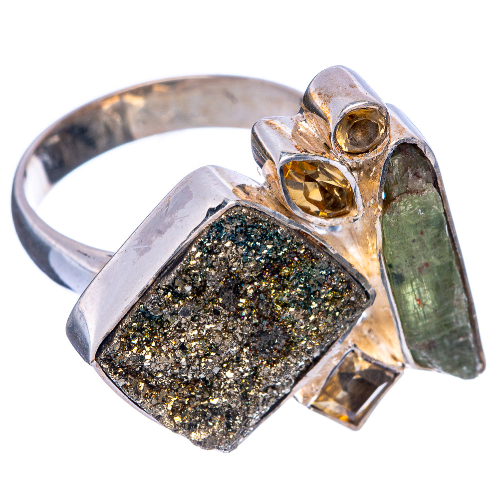 Large Spectro Pyrite Druzy, Green Tourmaline, Citrine Ring Size 8 (925 Sterling Silver) R145306