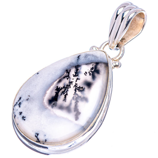 Dendrite agate teardrop pendant with silver bail and bezel, black tree-like pattern