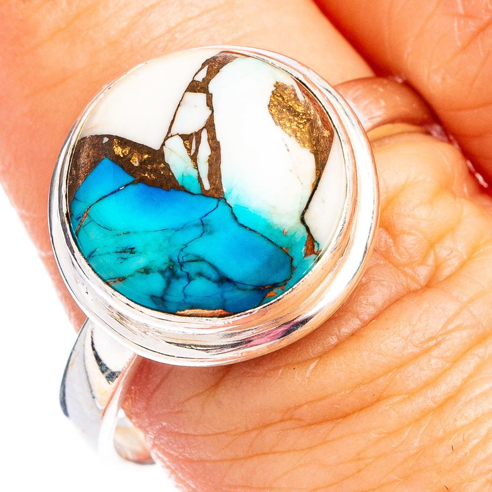 Turquoise and white stone inlay sterling silver ring, round top, size 8.75