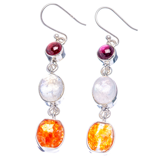 Sterling silver gemstone drop earrings, red top, moonstone middle, amber bottom, dangling