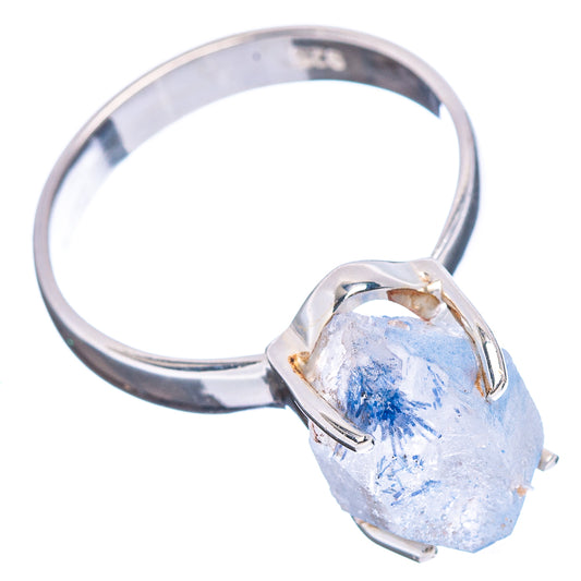 Sterling silver ring with faceted light blue quartz slice, open side prongs