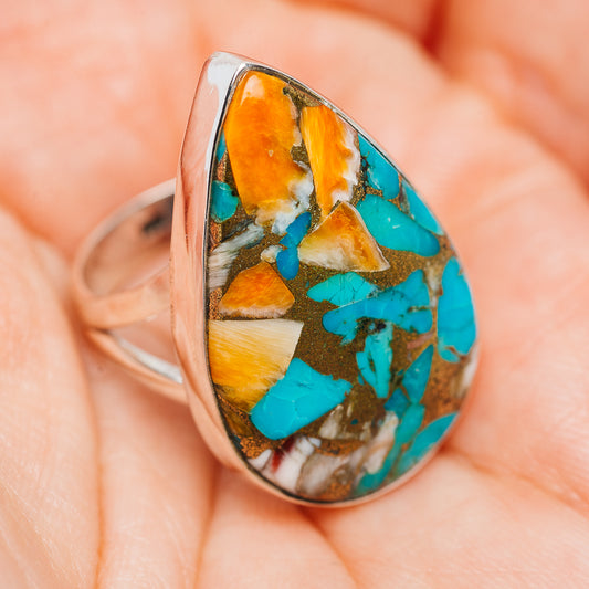 Sterling silver teardrop ring with turquoise and orange spiny oyster mosaic inlay