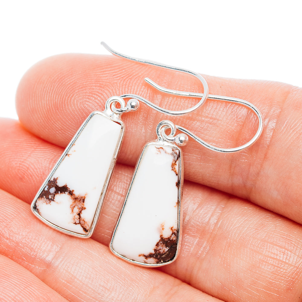 Sterling silver wire-drop earrings with rectangular wild horse jasper, white and dark brown