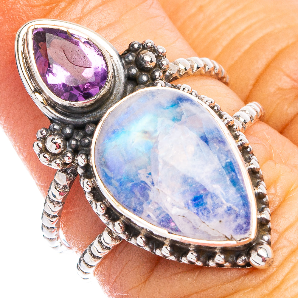 Rainbow Moonstone, Amethyst Ring Size 6.75 (.925 Sterling Silver)