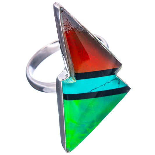 Triangular opal bolt ring in sterling silver, green and red with teal band and black stripe