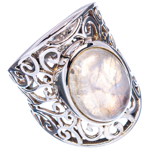 Oval moonstone ring in .925 sterling silver with detailed side filigree and prong bezel