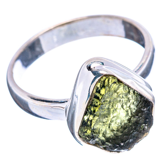 Sterling silver ring with green rough Moldavite stone, rounded bezel setting