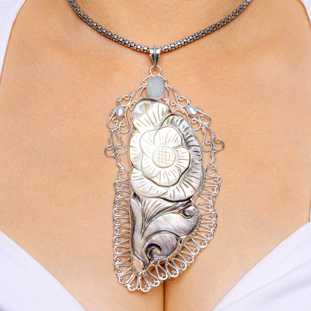 Gigantic Mother Of Pearl Pendant 5 7/8" (.925 Sterling Silver)