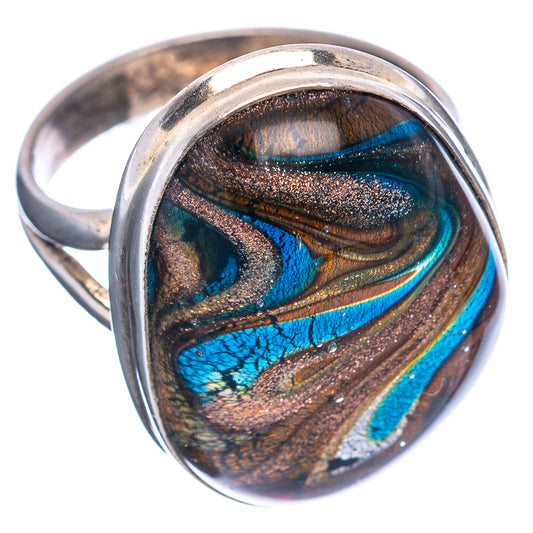 Sterling silver oval dichroic glass ring, teal-blue and bronze iridescent pattern