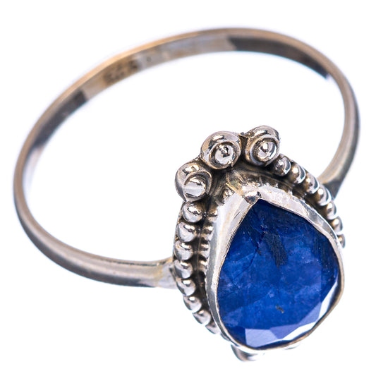 Teardrop blue sillimanite ring in sterling silver, vintage scroll and bead details