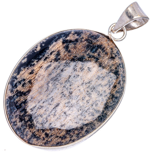 Silver-plated oval pendant with dendritic pattern in dark navy, charcoal, and light gray, bail