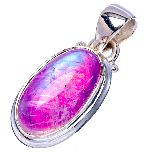 Oval pink moonstone pendant in .925 sterling silver setting with bail detail