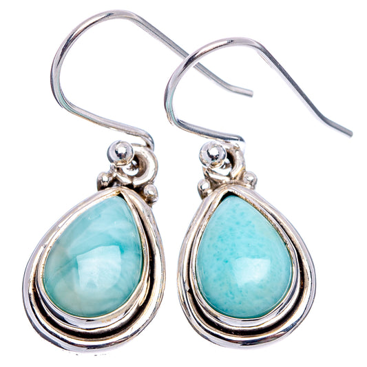 Larimar teardrop drop earrings, .925 sterling silver fishhook with bezel-set cabochon