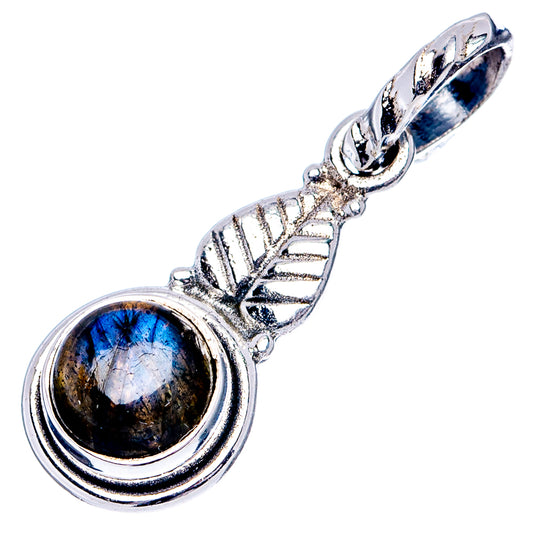 Sterling silver labradorite pendant with round blue stone and ornate leaf accents