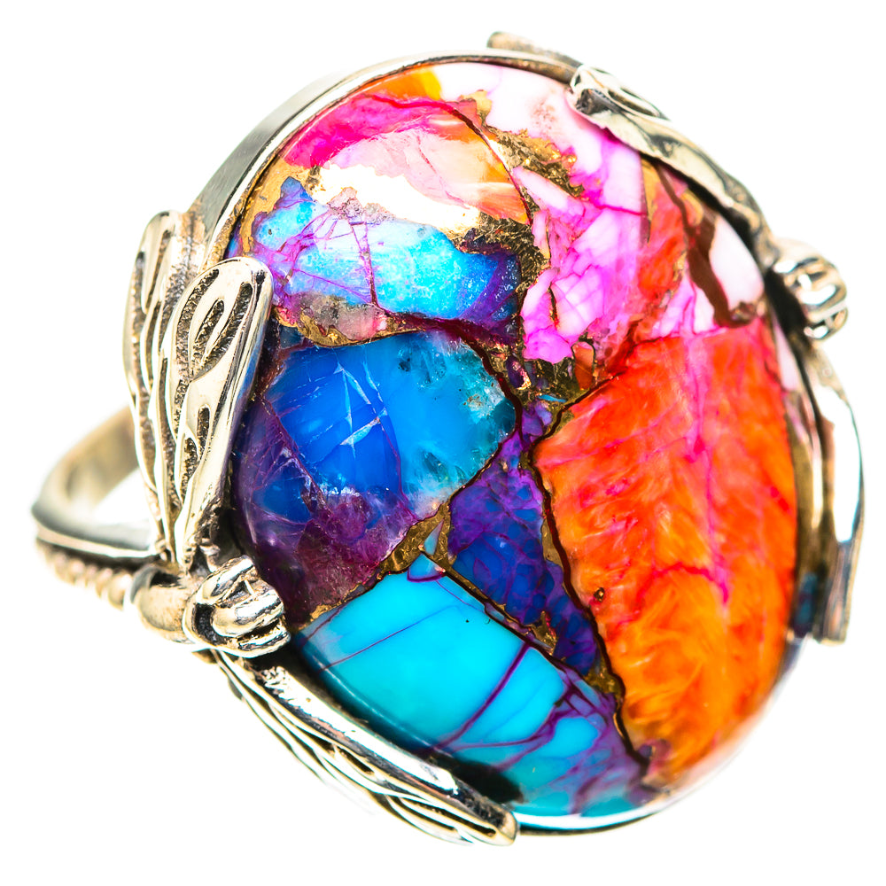 Sterling silver oval gemstone ring with leaf motifs and colorful stone bezel