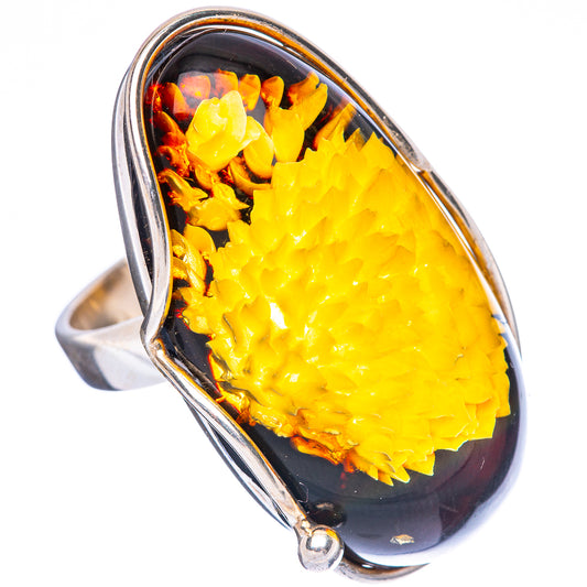Amber Intaglio Chrysanthemum Ring Size 7 Adjustable (925 Sterling Silver) R3828