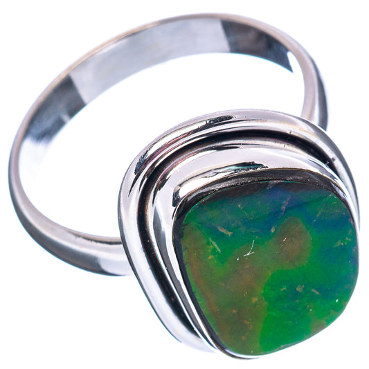 Sterling silver ammolite ring with green teardrop gemstone, curved band, size 9
