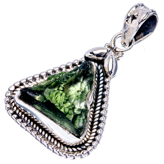 Sterling silver moldavite triangle pendant with green rough crystal and ornate braided bezel