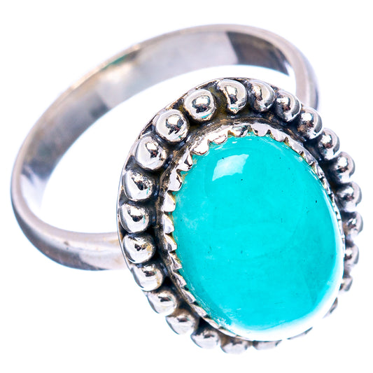 Turquoise oval stone sterling silver ring with beaded bezel, size 7.5