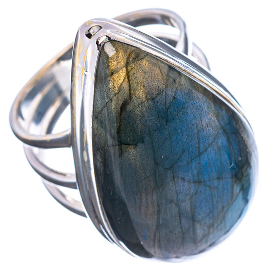 Sterling silver ring with teardrop labradorite stone, dark blue with flash, bezel set