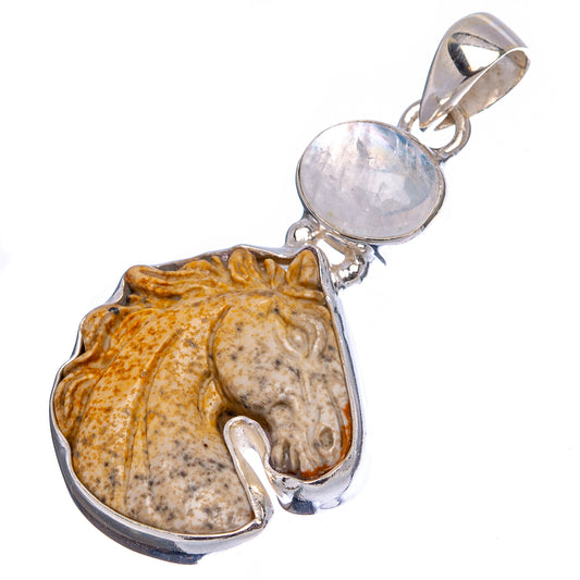 Sterling silver horse pendant with yellow-brown picture jasper and round iridescent moonstone top