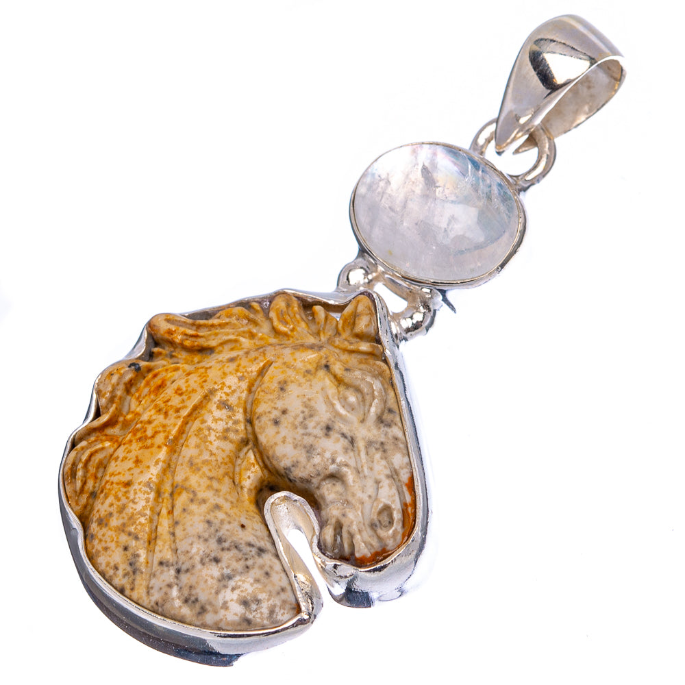 Premium Picture Jasper Horse, Rainbow Moonstone Pendant 1 3/4" (.925 Sterling Silver)