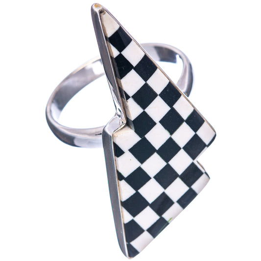 Sterling silver checkered onyx bolt ring with pointed shield top, black-and-white squares