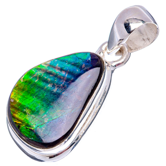 Canadian ammolite pendant in .925 sterling silver, bail and bezel, green-blue iridescent stone
