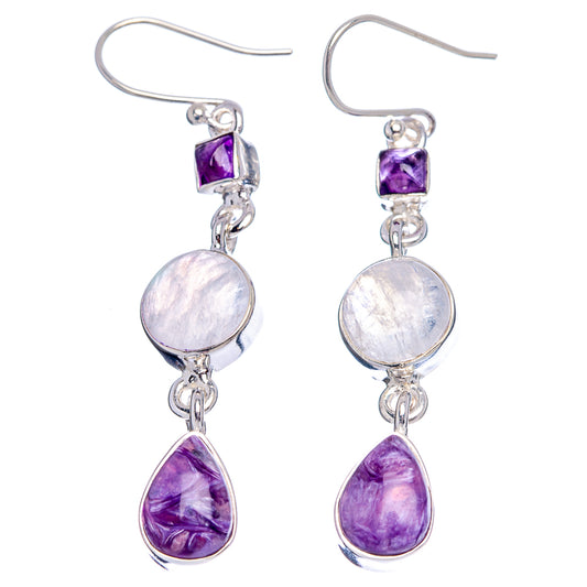 Amethyst and rainbow moonstone drop earrings in .925 sterling silver, with oval charms