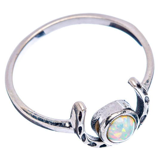 Sterling silver horseshoe opal ring, side view with round colorful opal bezel
