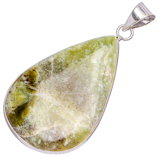 Serpentine pendant, silver-plated teardrop with green marbled cabochon and bail